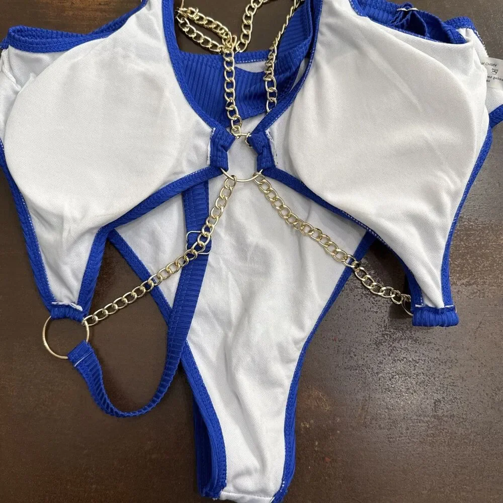Swim Sexy Chain One Piece Bikini Swimsuit Women Large Blue Cutout Monokini Beach